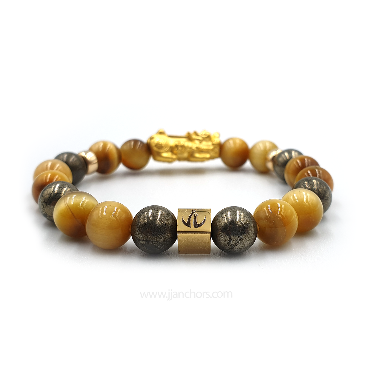 24 Karat Gold  Lucky Pi Yao Golden Tiger's Eye, Pyrite and 14K Gold-filled Rondelles