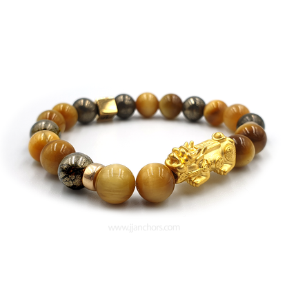 24 Karat Gold  Lucky Pi Yao Golden Tiger's Eye, Pyrite and 14K Gold-filled Rondelles