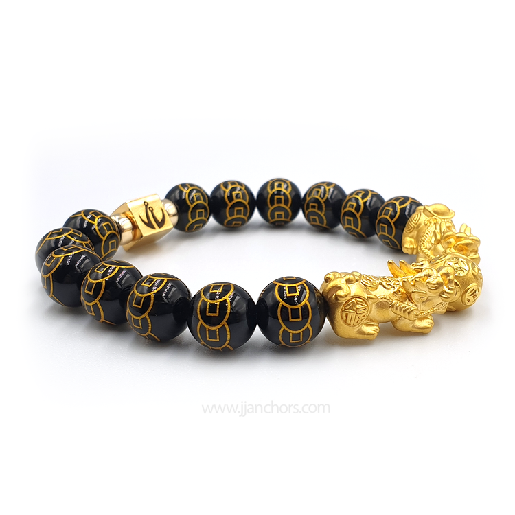 24 Karat Gold Double Lucky Pi Yao in Black Obsidian | 9 Emperor Coins + 12K Gold