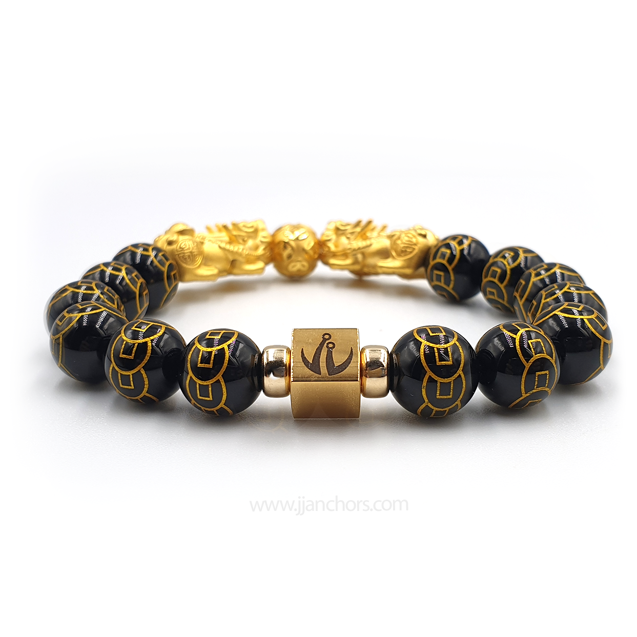 24 Karat Gold Double Lucky Pi Yao in Black Obsidian | 9 Emperor Coins + 14K Gold-filled Rondelles