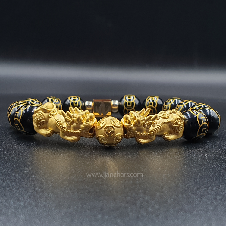 24 Karat Gold Double Lucky Pi Yao in Black Obsidian | 9 Emperor Coins + 12K Gold