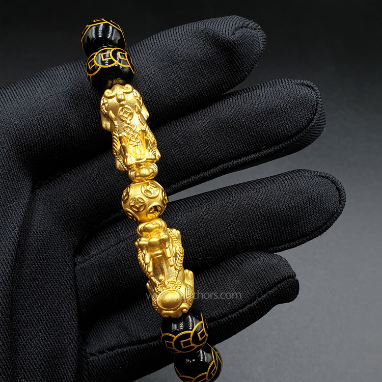 24 Karat Gold Double Lucky Pi Yao in Black Obsidian | 9 Emperor Coins + 12K Gold