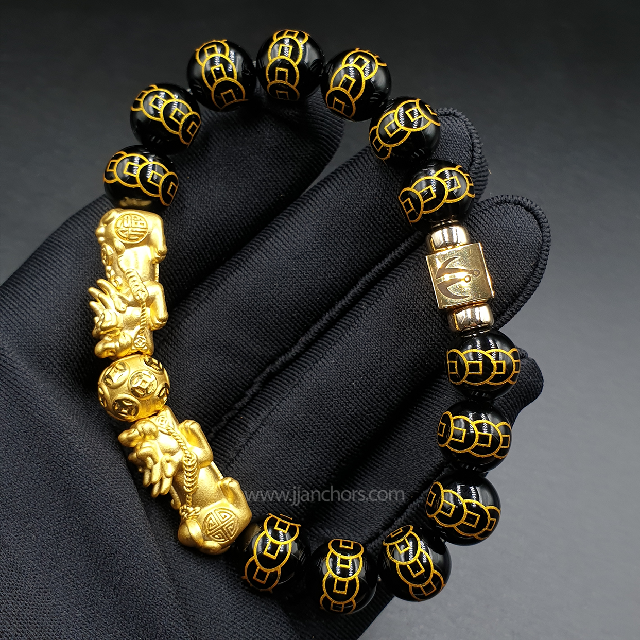 24 Karat Gold Double Lucky Pi Yao in Black Obsidian | 9 Emperor Coins + 14K Gold-filled Rondelles