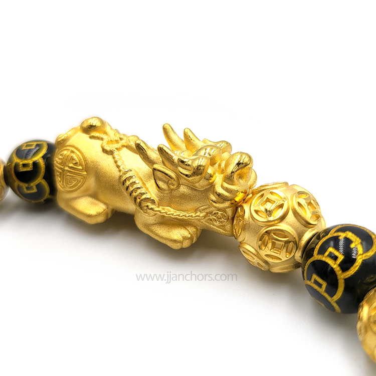 24 Karat Gold Extra Large Lucky Pi Yao in Black Obsidian | 9 Emperor Coins | Money Balls and Rondelles