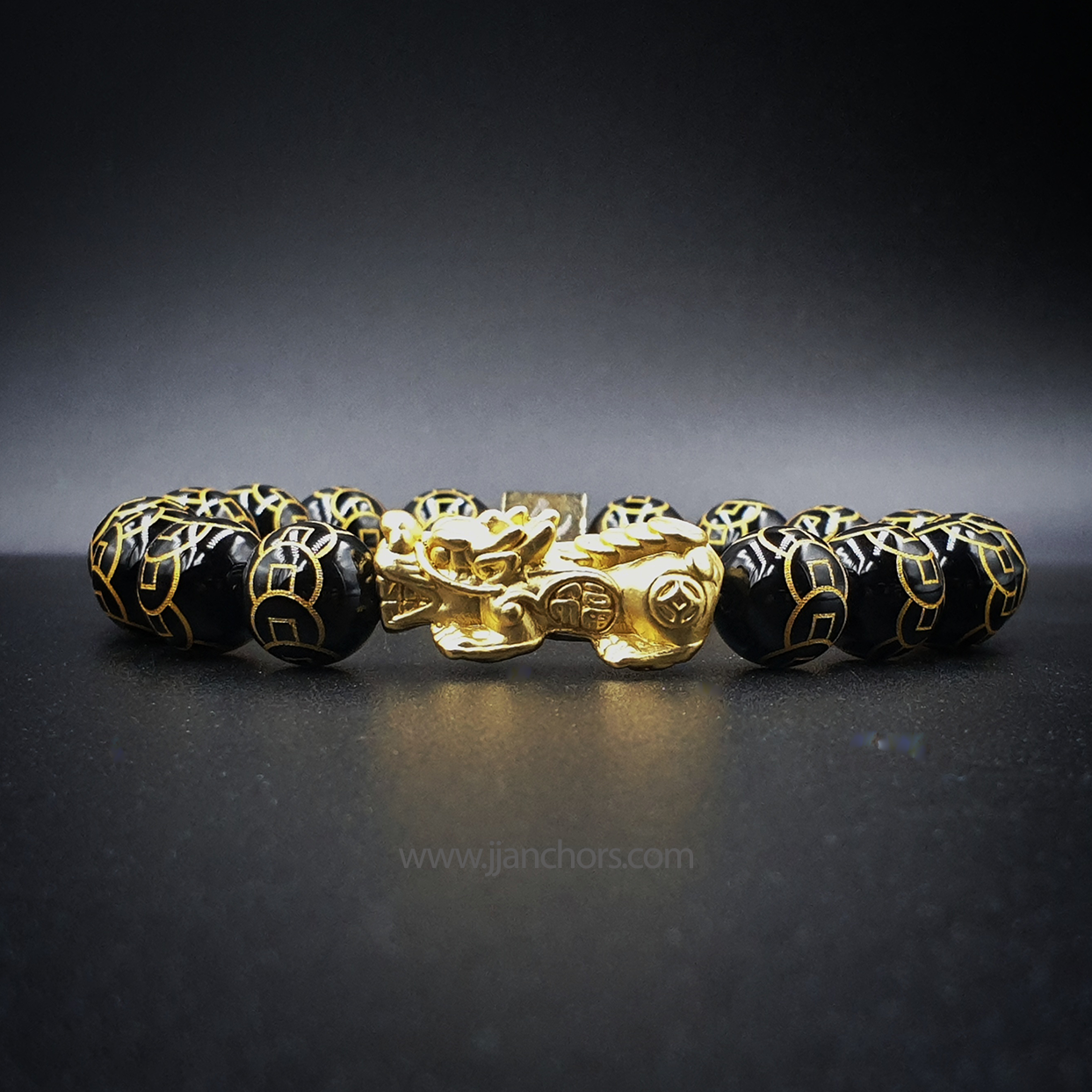 24 Karat Gold Lucky Pi Yao in Black Obsidian | 9 Emperor Coins