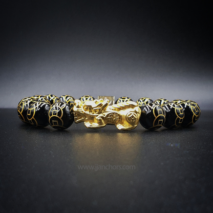 24 Karat Gold Lucky Pi Yao in Black Obsidian | 9 Emperor Coins