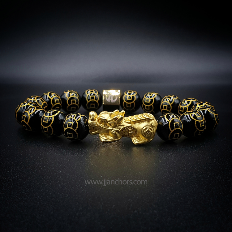 24 Karat Gold Lucky Pi Yao in Black Obsidian | 9 Emperor Coins