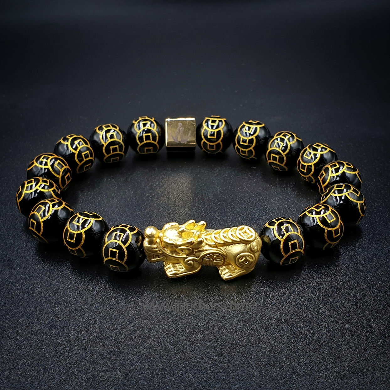 24 Karat Gold Lucky Pi Yao in Black Obsidian | 9 Emperor Coins