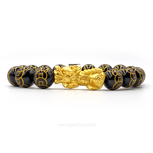24 Karat Gold Lucky Pi Yao in Black Obsidian | 9 Emperor Coins