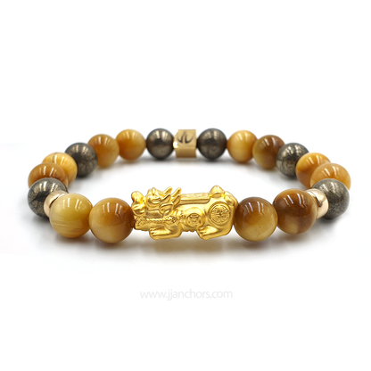 24 Karat Gold  Lucky Pi Yao Golden Tiger's Eye, Pyrite and 14K Gold-filled Rondelles