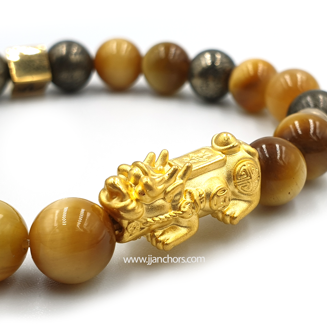 24 Karat Gold  Lucky Pi Yao Golden Tiger's Eye, Pyrite and 14K Gold-filled Rondelles