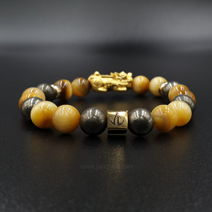 24 Karat Gold  Lucky Pi Yao Golden Tiger's Eye, Pyrite and 14K Gold-filled Rondelles