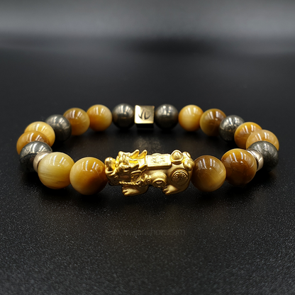 24 Karat Gold  Lucky Pi Yao Golden Tiger's Eye, Pyrite and 14K Gold-filled Rondelles