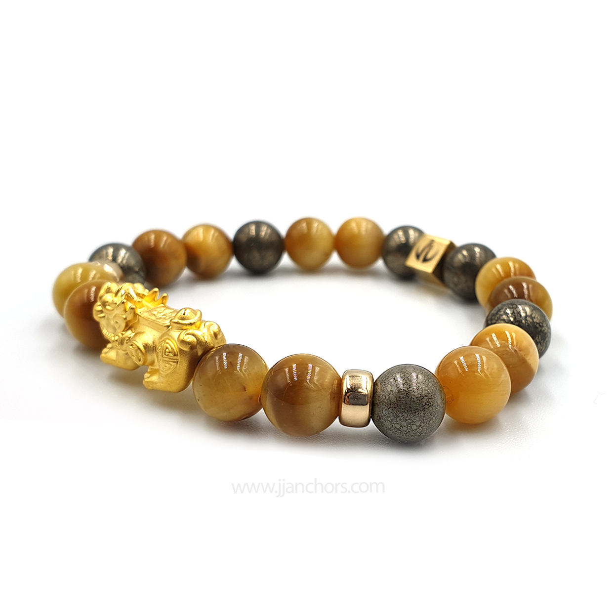 24 Karat Gold  Lucky Pi Yao Golden Tiger's Eye, Pyrite and 14K Gold-filled Rondelles
