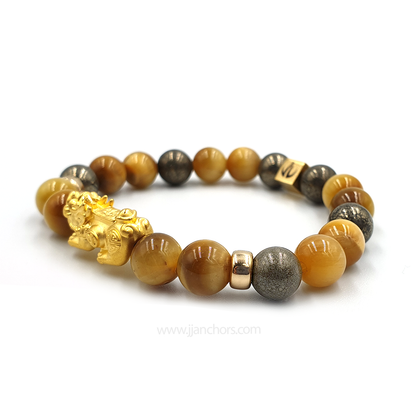 24 Karat Gold  Lucky Pi Yao Golden Tiger's Eye, Pyrite and 14K Gold-filled Rondelles