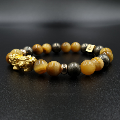 24 Karat Gold  Lucky Pi Yao Golden Tiger's Eye, Pyrite and 14K Gold-filled Rondelles