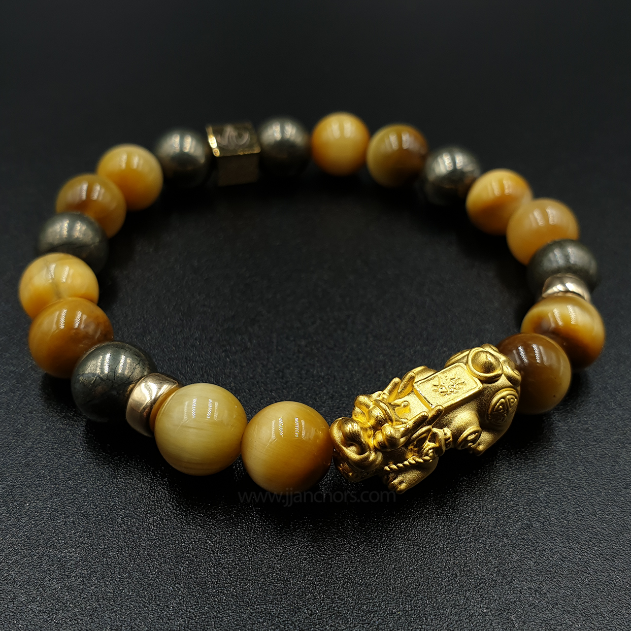 24 Karat Gold  Lucky Pi Yao Golden Tiger's Eye, Pyrite and 14K Gold-filled Rondelles