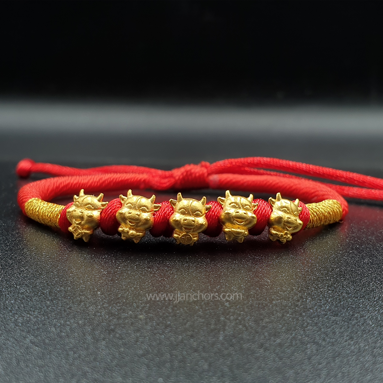 24 karat Five Elemental Lucky Ox Bracelet in Tibetan Lucky Red String