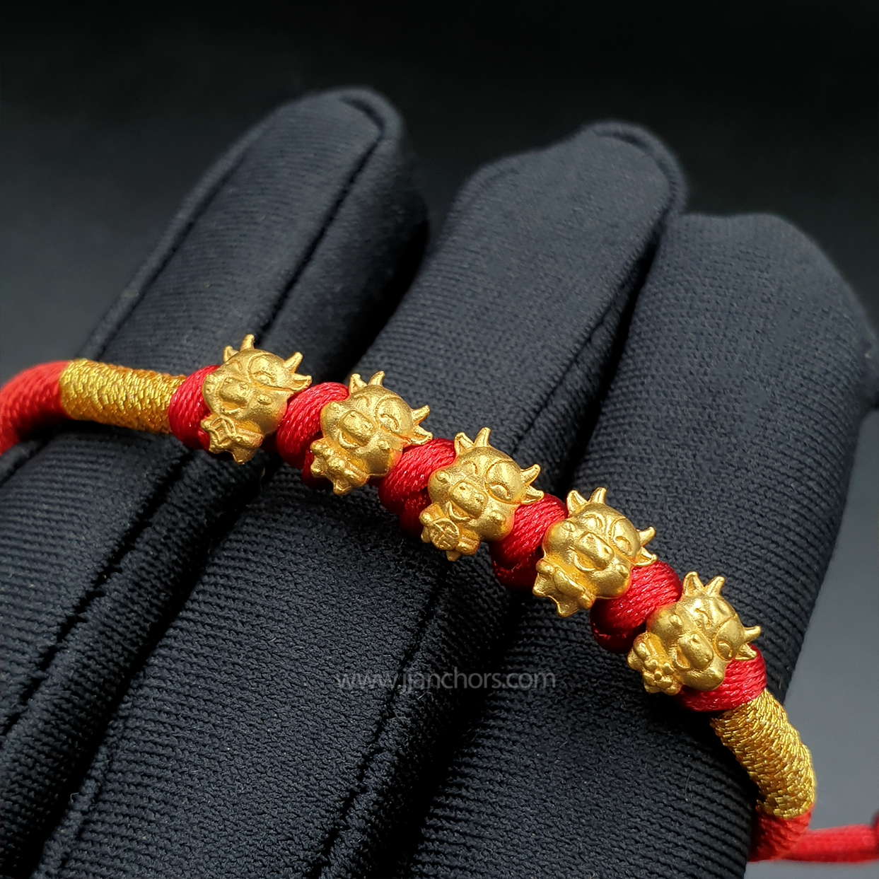 24 karat Five Elemental Lucky Ox Bracelet in Tibetan Lucky Red String