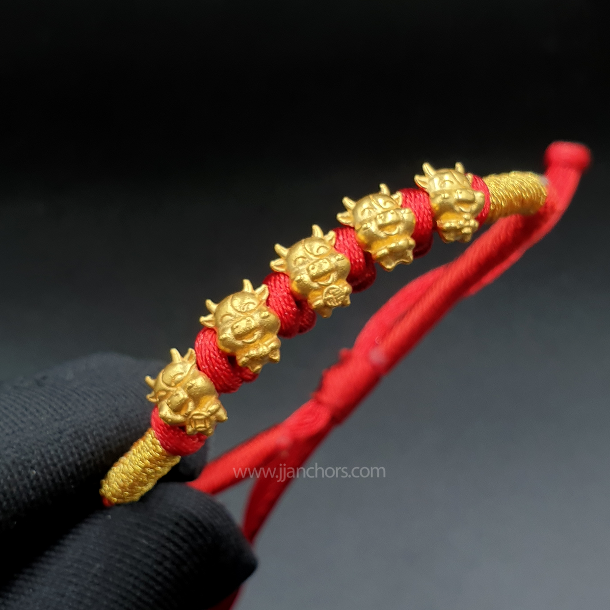 24 karat Five Elemental Lucky Ox Bracelet in Tibetan Lucky Red String