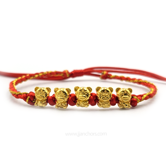 24 karat Five Lucky Tiger Bracelet in Tibetan Lucky Red String