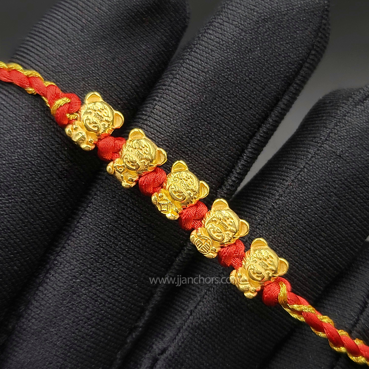 24 karat Five Lucky Tiger Bracelet in Tibetan Lucky Red String