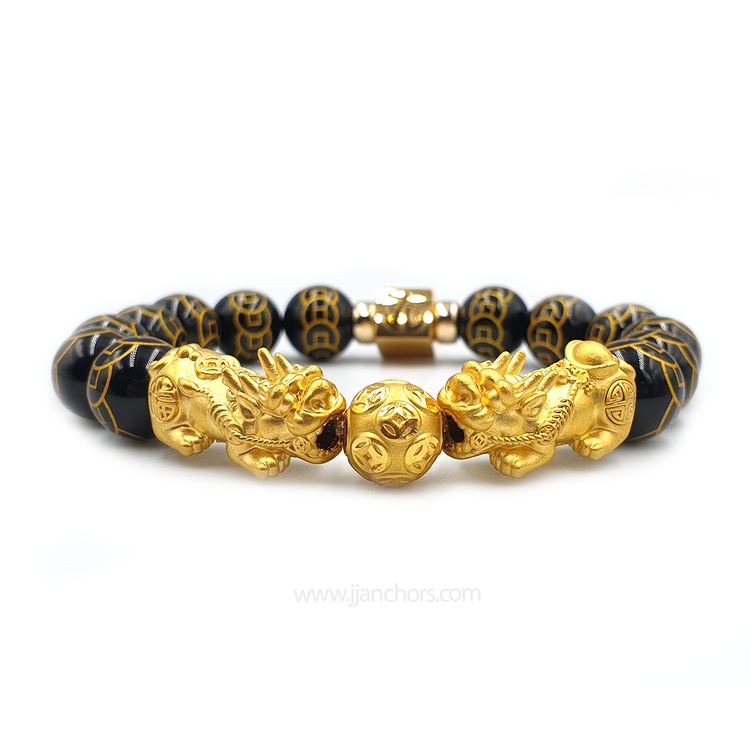 24 Karat Gold Double Lucky Pi Yao in Black Obsidian | 9 Emperor Coins + 12K Gold