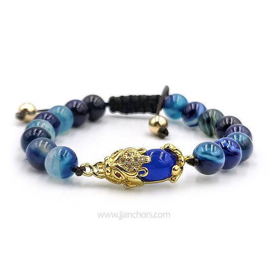 Blue Agate Money Catcher PiYao Bracelet with 12K Gold & Blue Agates