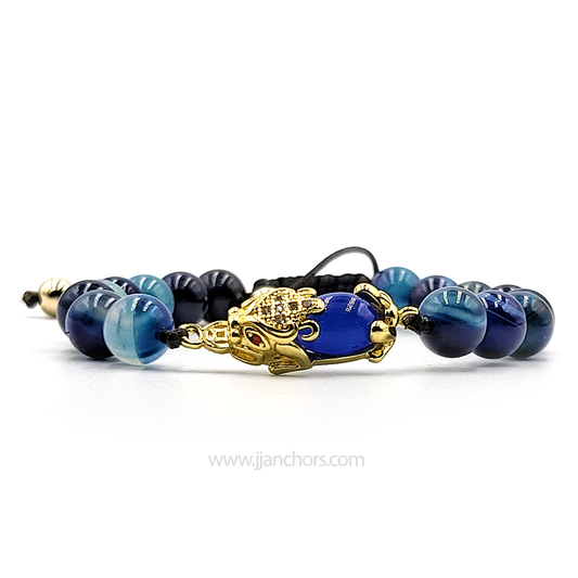 Blue Agate Money Catcher PiYao Bracelet with 12K Gold & Blue Agates