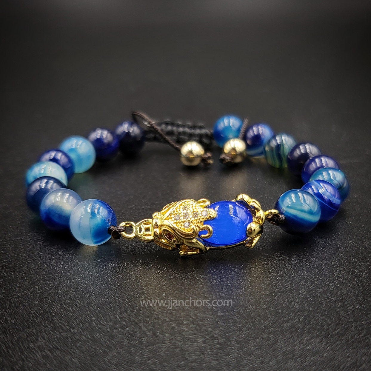 Blue Agate Money Catcher PiYao Bracelet with 12K Gold & Blue Agates
