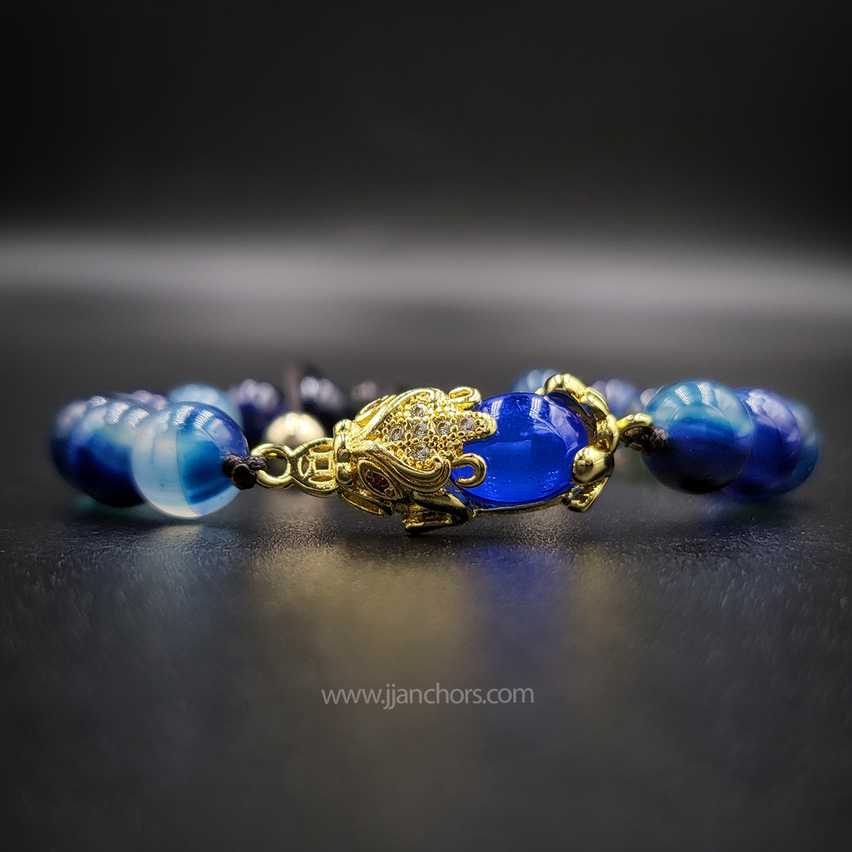 Blue Agate Money Catcher PiYao Bracelet with 12K Gold & Blue Agates