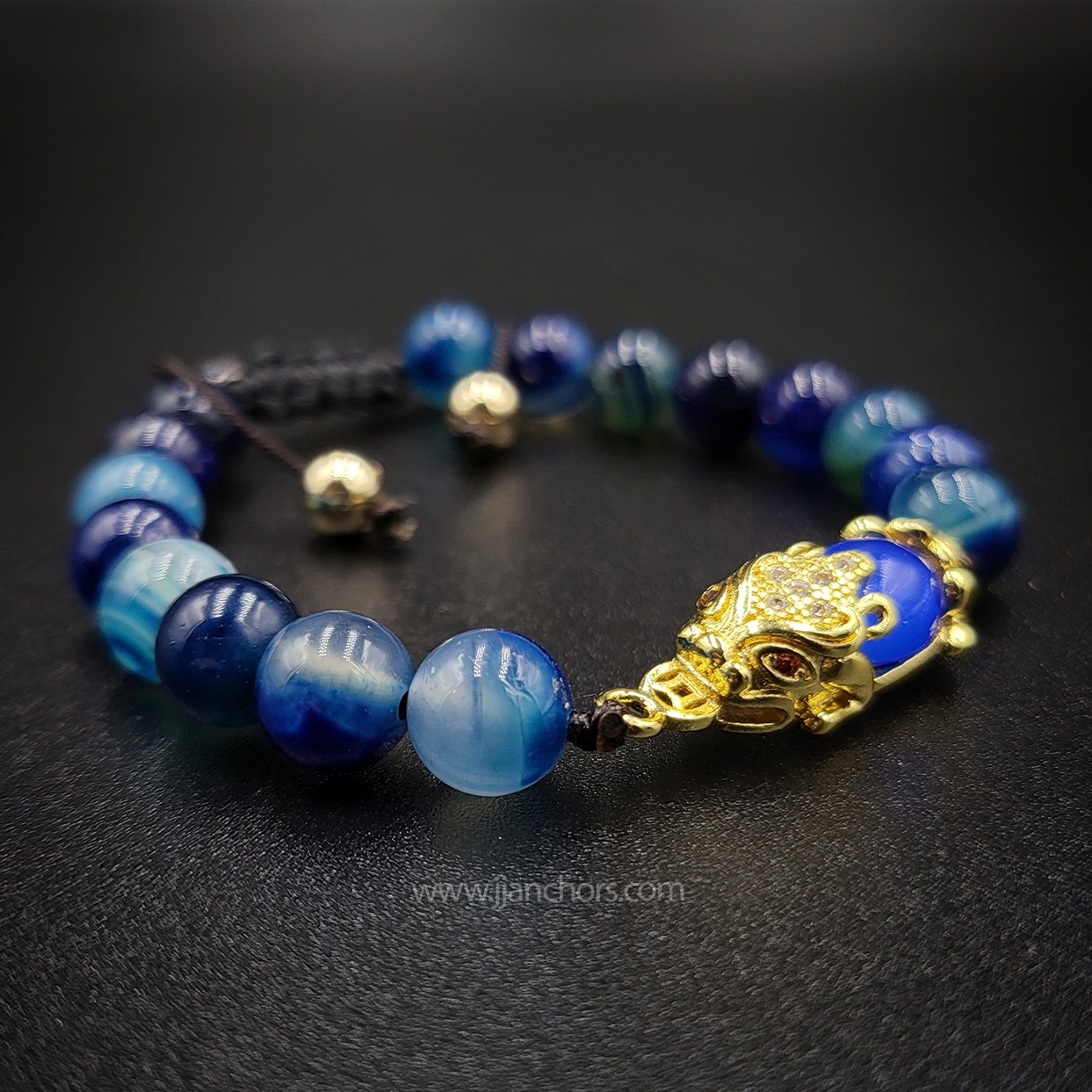 Blue Agate Money Catcher PiYao Bracelet with 12K Gold & Blue Agates