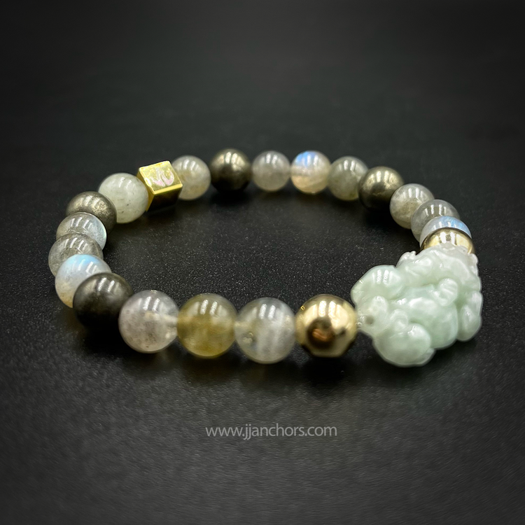 Carved Siberian Jade Lucky Piyao | Pyrite | Labradorite | 12K Gold