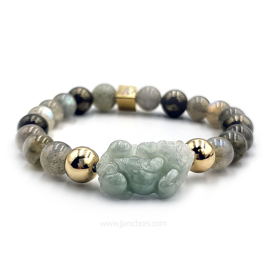 Carved Siberian Jade Lucky Piyao | Pyrite | Labradorite | 12K Gold