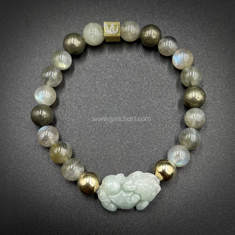 Carved Siberian Jade Lucky Piyao | Pyrite | Labradorite | 12K Gold