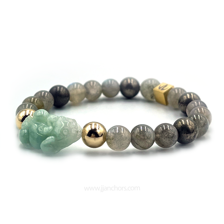 Carved Siberian Jade Lucky Piyao | Pyrite | Labradorite | 12K Gold