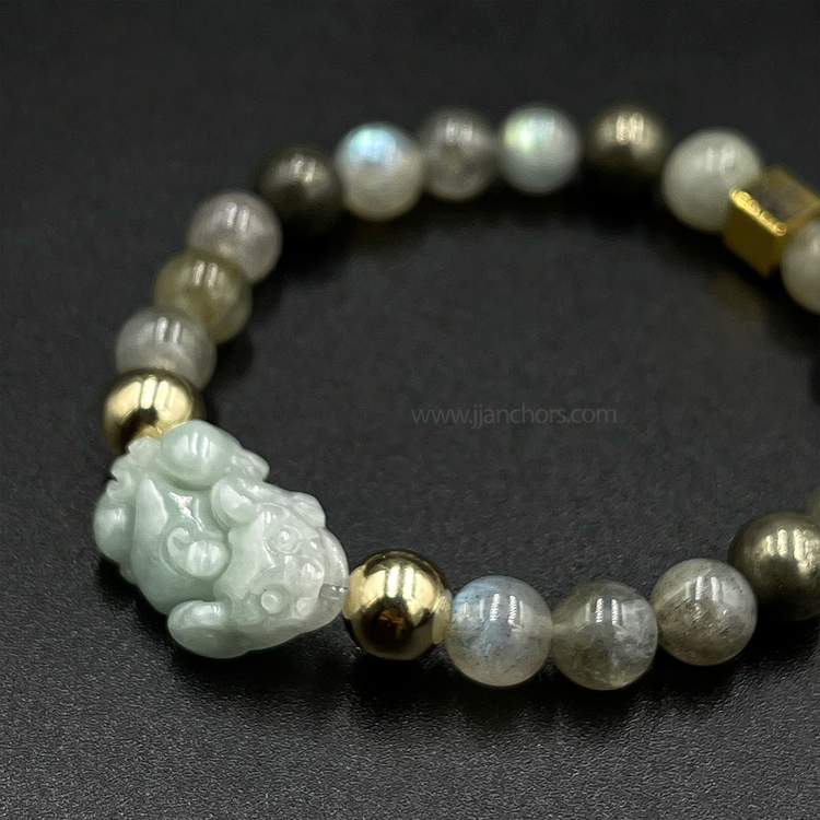 Carved Siberian Jade Lucky Piyao | Pyrite | Labradorite | 12K Gold