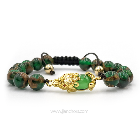 Green Jade Money Catcher PiYao Bracelet with 12K Gold & Muzo Emerald
