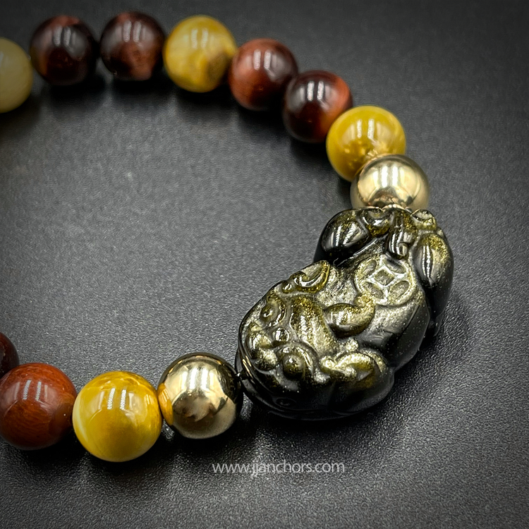 Carved Gold Sheen Obsidian Lucky Piyao | Red & Golden Tiger's Eye | 12K Gold