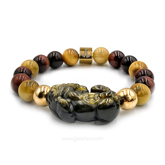 Carved Gold Sheen Obsidian Lucky Piyao | Red & Golden Tiger's Eye | 12K Gold