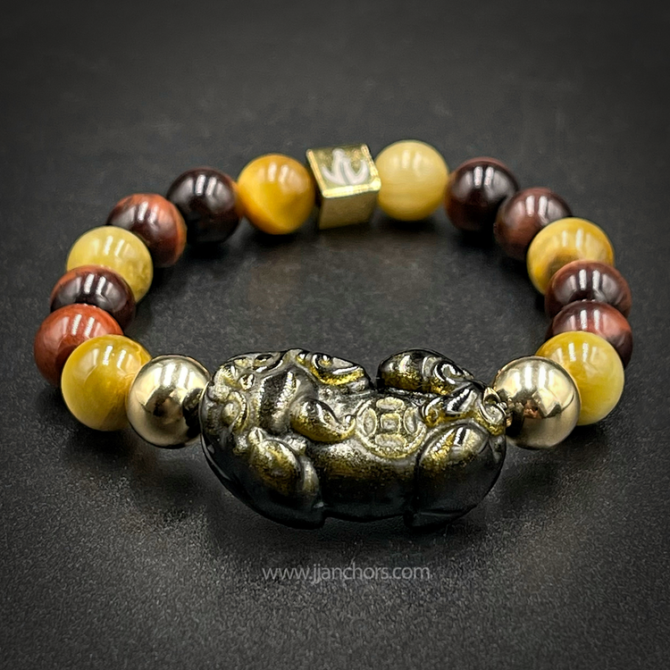 Carved Gold Sheen Obsidian Lucky Piyao | Red & Golden Tiger's Eye | 12K Gold