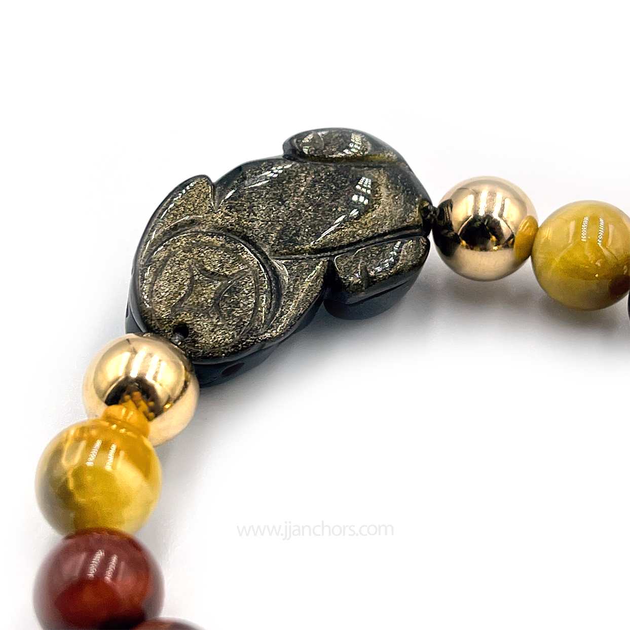 Carved Gold Sheen Obsidian Lucky Piyao | Red & Golden Tiger's Eye | 12K Gold