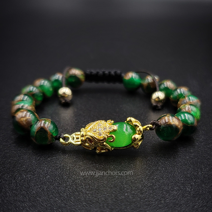 Green Jade Money Catcher PiYao Bracelet with 12K Gold & Muzo Emerald