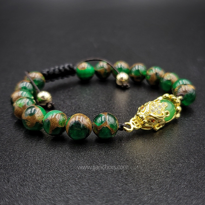 Green Jade Money Catcher PiYao Bracelet with 12K Gold & Muzo Emerald