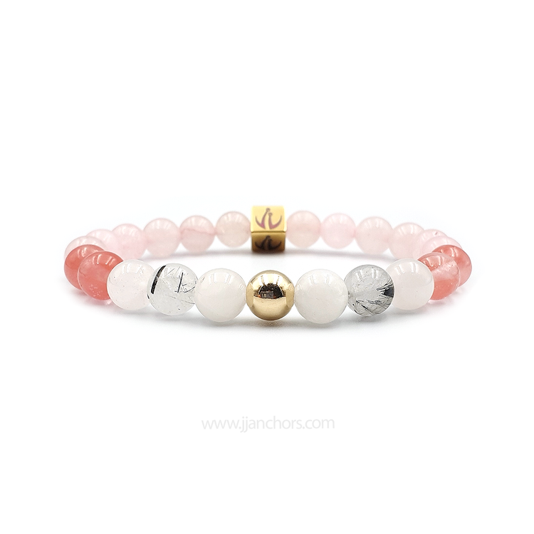 Love Bracelet with 12K Gold, Tourmalinated Quartz and Cherry Quartz