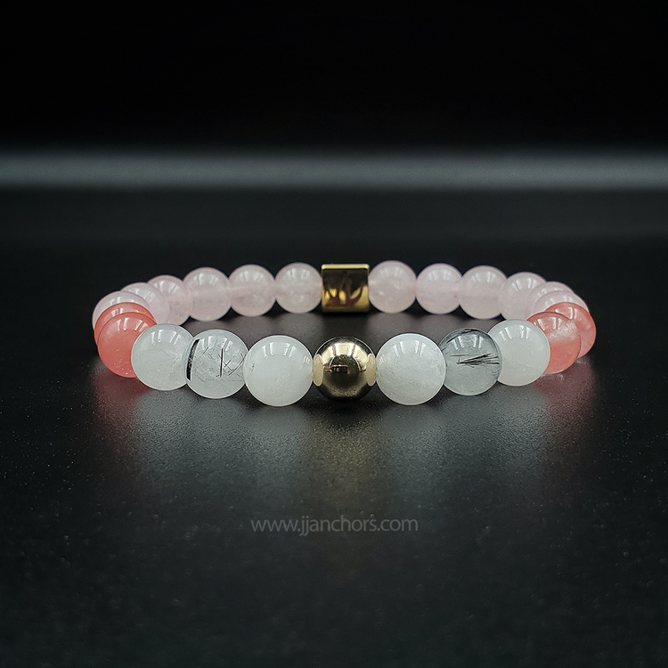 Love Bracelet with 12K Gold, Tourmalinated Quartz and Cherry Quartz