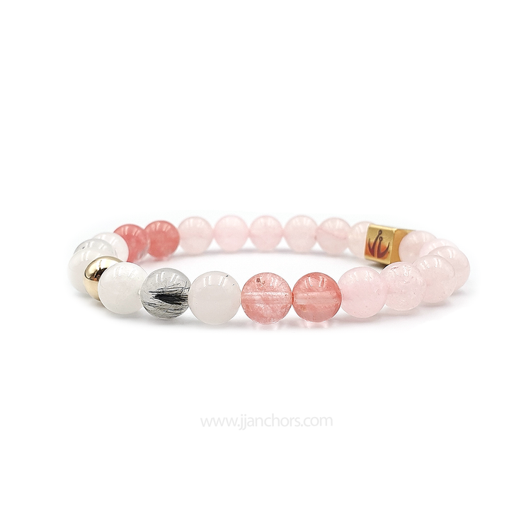 Love Bracelet with 12K Gold, Tourmalinated Quartz and Cherry Quartz