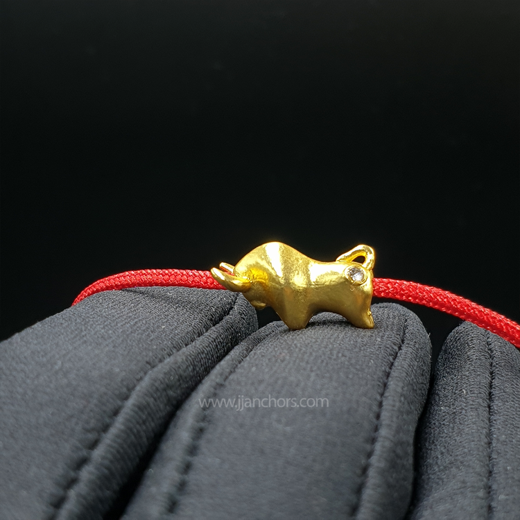 Lucky Ox with Cubic Zirconia in Tibetan Lucky Red String