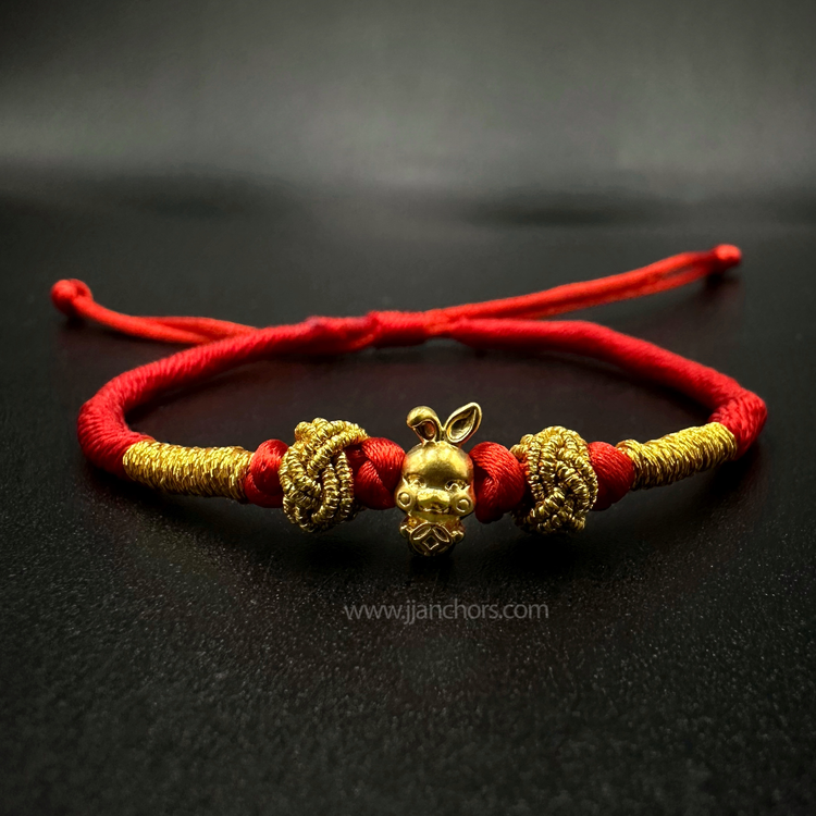 24 karat Lucky Rabbit Bracelet in Tibetan Lucky Red String