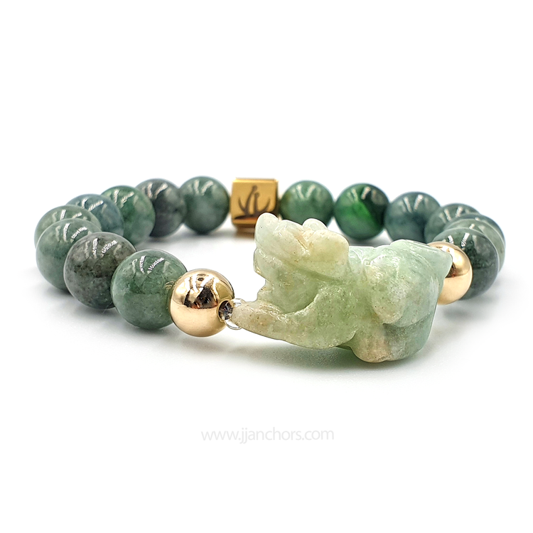 Burmese Jade Lucky Pi Yao | Mountain Jade | 12K Gold